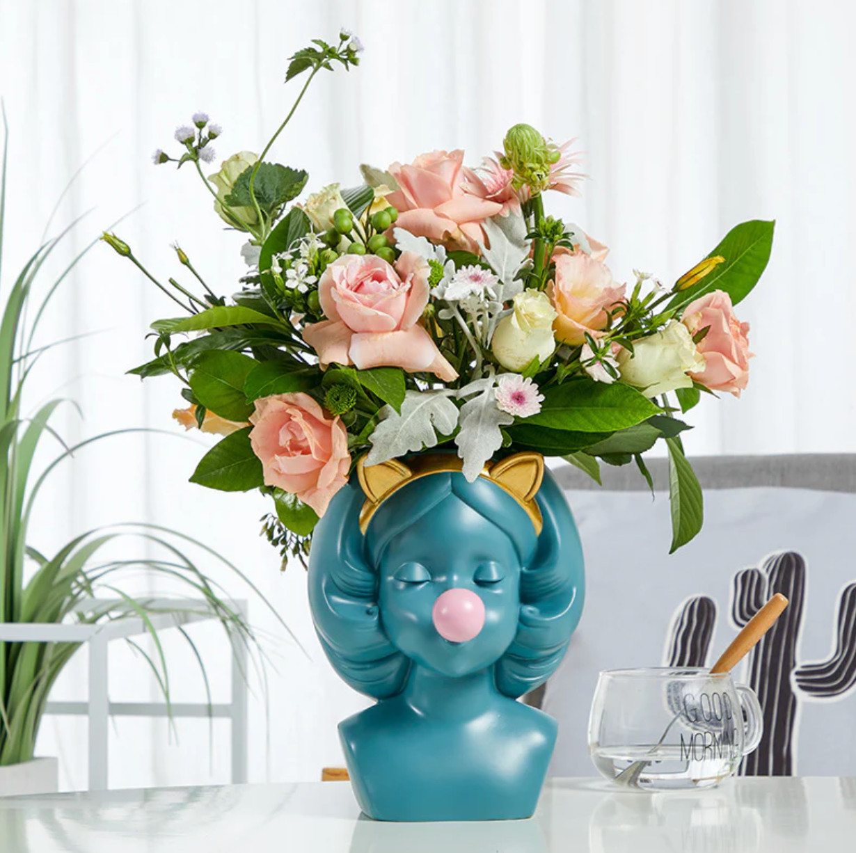 Girl Face Bubble Gum Vase, Modern Tabletop Flower Vase Aesthetic Home Decor Gift