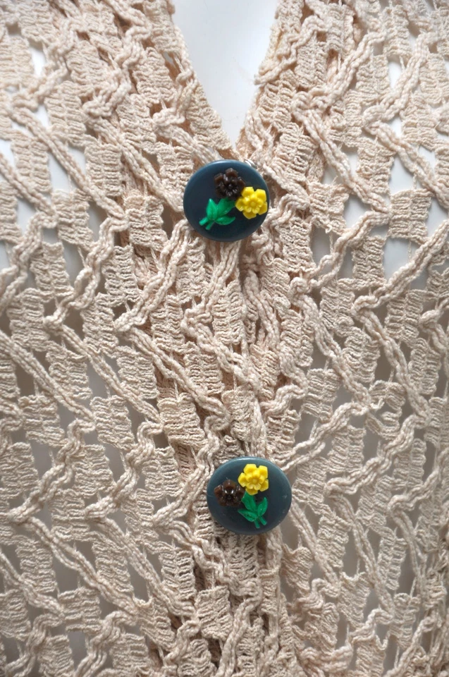 Vintage 1930s Beige Knit Crochet 3 Piece Jacket Dress Belt Buttons Collar S/M - Image 3 of 4