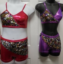 2 Piece Dance Jazz Costume foil bra top  booty shorts Sequin sarong 2 colors