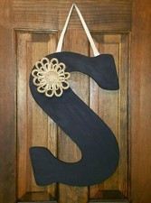 WOODEN Door Wall Hanging Letter "S" FARMHOUSE Jute Flower 18" COUNTRY Black