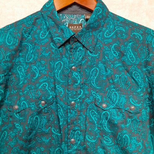 Roper Boys Mens SS Pearl Snap Button Shirt Sz.XL (16-18) Blue/Paisley/Western - Picture 2 of 10