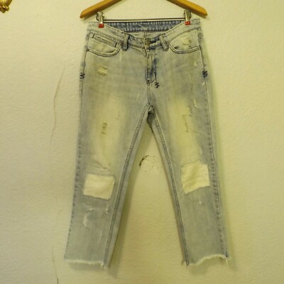 Ksubi Jeans 27 Straight n Narrow light blue denim distressed frayed hem Cropped