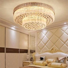 Luxury K9 Crystal Pendant Lamp Remote LED Chandelier Flush Mount Ceiling Fixture