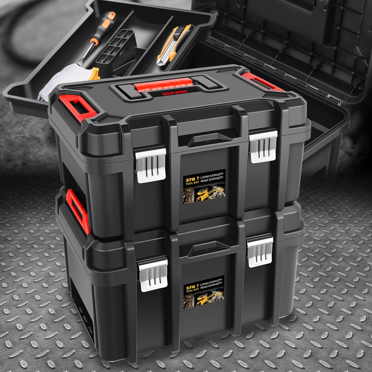 [2Pcs]Portable Workshop Garage Household Lockable Tool Box Organizer Storage Set