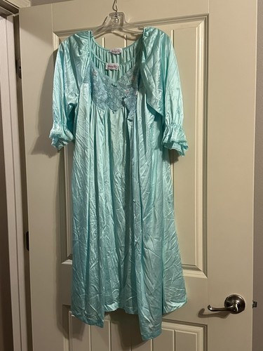 Vtg. Vanity Fair Peignoir 2 Piece Set-Nightie&robe Nylon Aqua Blue Flower Sz Med - Picture 5 of 11