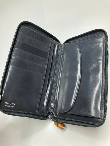 GUCCI VINTAGE BAMBOO ZIP AROUND CANVAS PATENT LEATHER LONG WALLET GRAY ITALY - Picture 6 of 12