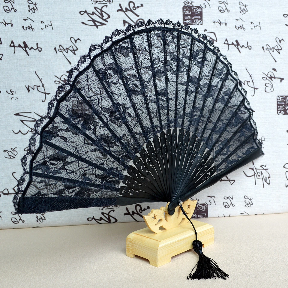Abanico plegable decorativo de encaje de bambú negro de 9" vintage para dama utilería kimono Foto 4 de 4