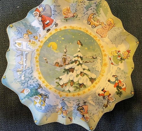 Cardboard fluted vintage Christmas paper bowl Germany gnomes Santa angels