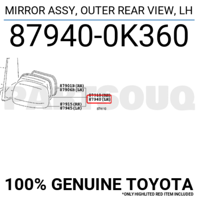 879400K360 Genuine Toyota MIRROR ASSY, OUTER REAR VIEW, LH 87940