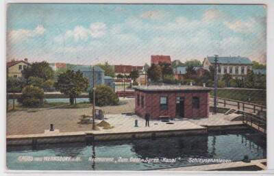 68422 Postcard greeting from Wernsdorf - restaurant ''Zum Oder-Spree-Kanal'' lock system