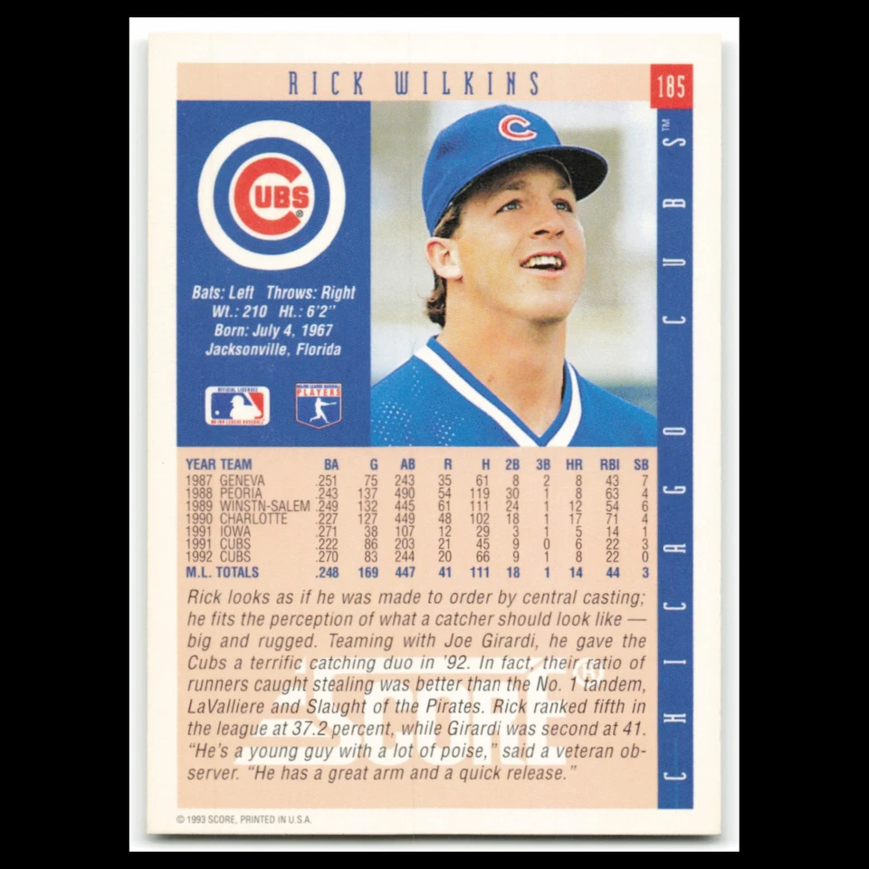 Rick Wilkins #185 1993 Score Chicago Cubs Baseball Card MLB NM - Image 2 of 3