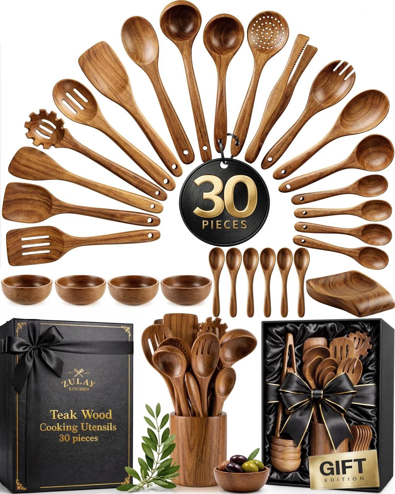 Wooden Utensils 30 Piece Teak Kitchen Set Non Stick Spoons Gift Box Zulay Grip
Opens in a new window