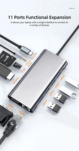 11 in1 Docking Station Type-C to 4K HD 100Mb PD100W Card Reader Laptop Converter - Afbeelding 2 van 14