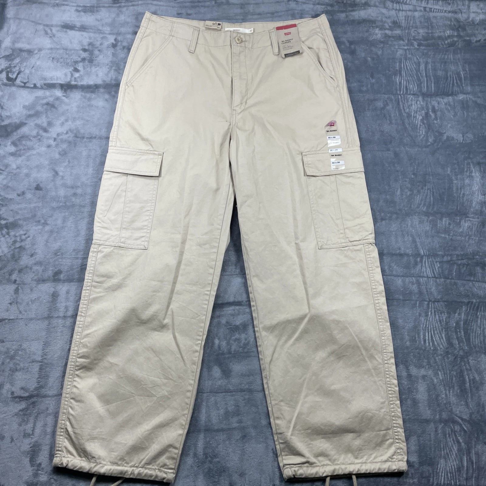 Levi's 94 Baggy Cargo Pants 32x30 Beige Wide Leg Drawstring Hem Cotton NWT