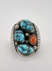 HUGE Vtg Navajo Sterling Silver Kingman Turquoise Coral Stamped Men's Ring 25.6g