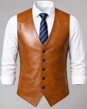 Mens Genuine Western Vest Brown Vintage Lambskin Distressed Leather Vest Biker