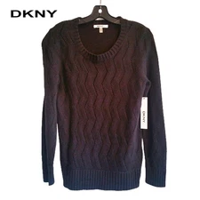 DKNY NEW Scandinavian Angora Rabbit Blend Chevron Stripe Openwork/Rib Sweater M