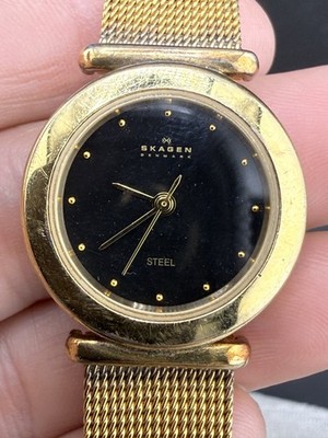 Vintage Skagen Watch Women Black Dial Gold Tone 6.5'' Signed NEEDS BATTERY