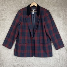 Sag Harbor Jacket Womens 20W Red Plaid Wool Blend Button Lined Blazer- 4693
