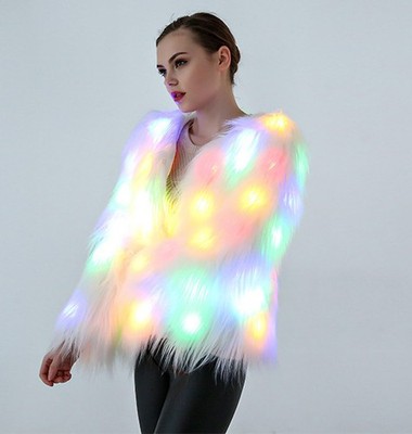 LED Light Up Clothes Women Coat Luminous Outwear Faux Fur Kostüm Jacke Party