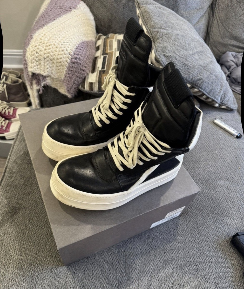 Rick Owens Geobasket Black/Milk Mega Bumper Leather Sneakers Size