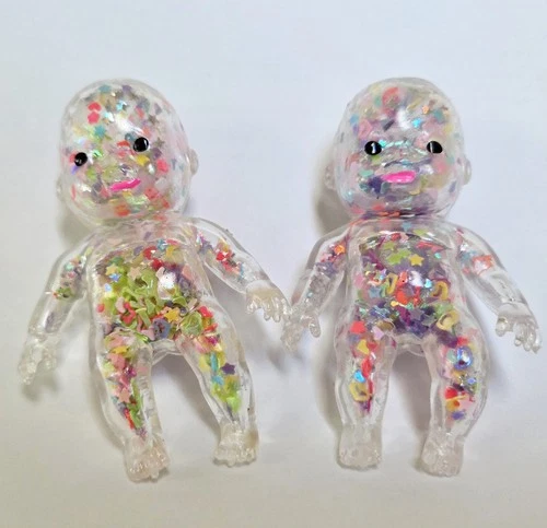 Mini Glitter Baby Squishies SET OF TWO Sequin Sparkle Infant Stretch Squeeze Toy