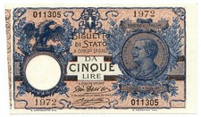 5 LIRE STATE NOTE VITTORIO EMANUELE III FLORAL 05/11/1914 SUP+