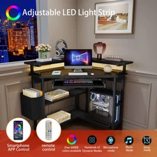 Triangle Corner Desk Computer Desk with Power Outlets, LED Lights, Keyboard Tray