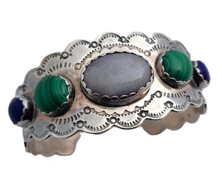 Vintage Southwestern Sterling Silver Multi Gemstone Signed Ladies Cuff Bracelet