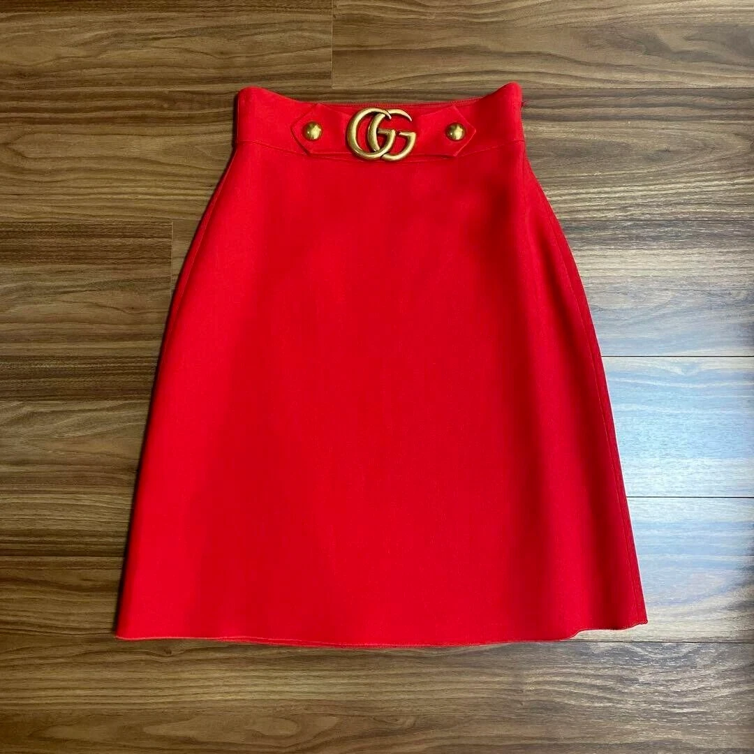 Jupe évasée femme GUCCI GG logo Marmont boucle taille 38 rouge laine soie