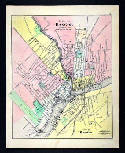 1900 Stuart Map Maine Bangor Brewer City Plan Penobscot County Downtown Parks ME - Afbeelding 1 van 3