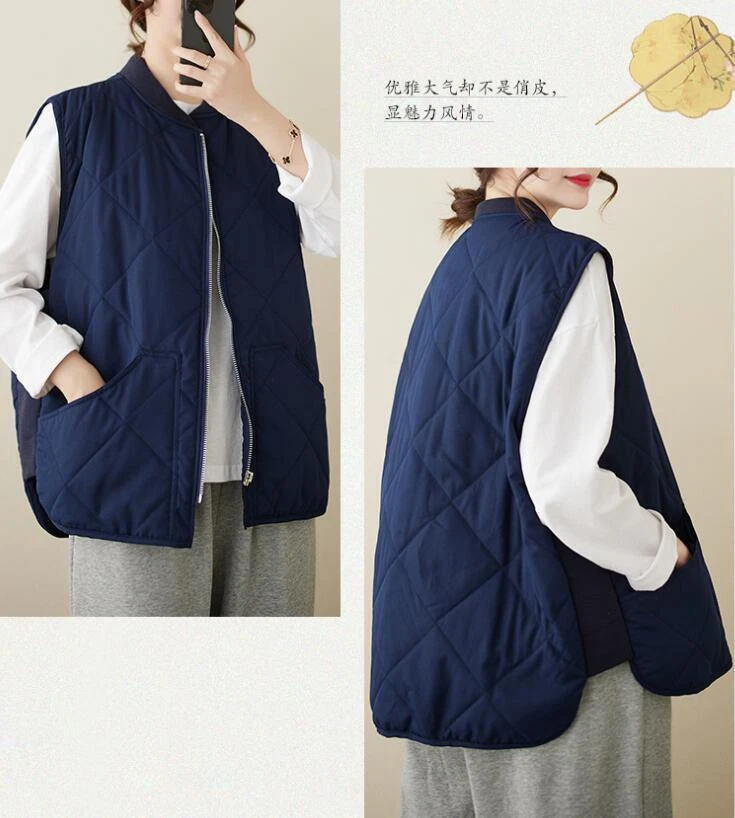 Womens Fashion Winter Stand Collar Loose Cotton Padded Sleeveless Warm Vest Coat - Image 3 of 4