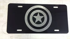 Captain America Logo Car Tag Diamond Etch on Black Aluminum License Plate