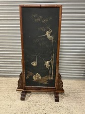 Large Rare 19th Century Oriental Bamboo Screen With Hand Decorated Fabric