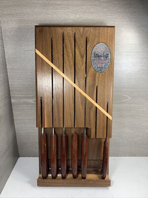 Vintage 6-Piece Kitchen Craft Cutlery Knife Set w/ Storage Board