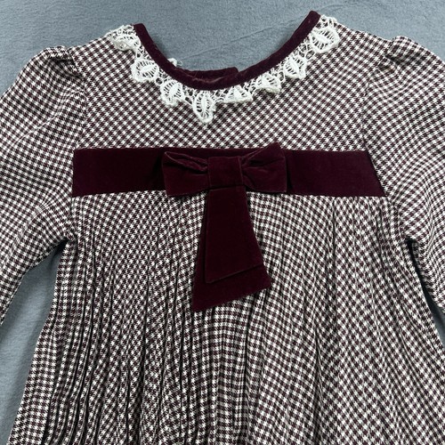 VTG Bonnie Jean Union Made Girls 4 Brown White Lace Collar Houndstooth Prairie - Picture 3 of 13
