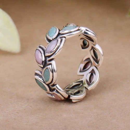 Anello Amazzonite e Opale Rosa, Anello in Argento Massiccio 925, Anello da Donna con Pietra Preziosa Statement - Foto 2 di 5