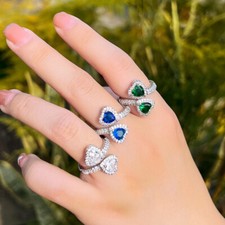 Silver Plated Blue Cubic Zircon CZ Adjustable Women Double Heart Engagement Ring