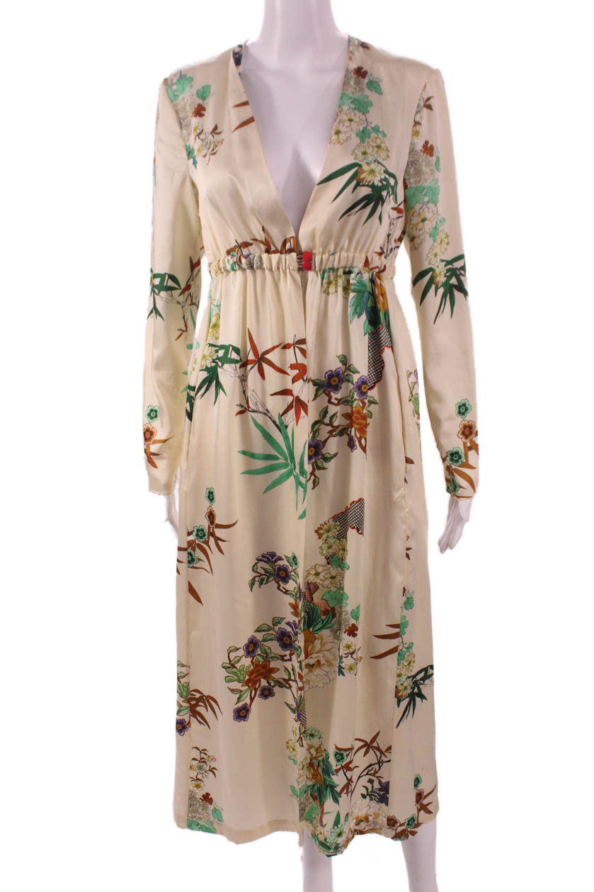 Zara Womens Maxi Floral V-Neck Long Sleeve Ivory Polyester Dress Size XSFree Shipping in US $100+ Orders | $6.95 Orders Below