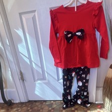 Girls Red Christmas Holiday 2 Piece Bow Long Sleeve Top Print Pants Set