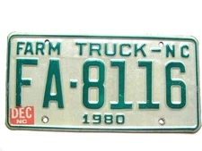 1980 NORTH CAROLINA NC LICENSE PLATE "FARM TRUCK",  ORIGINAL, VINTAGE, NICE