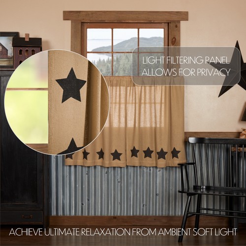Primitive 36"x36" Stars Tier Pair Tan Rod Kitchen Window Curtains VHC Brands - Picture 4 of 6
