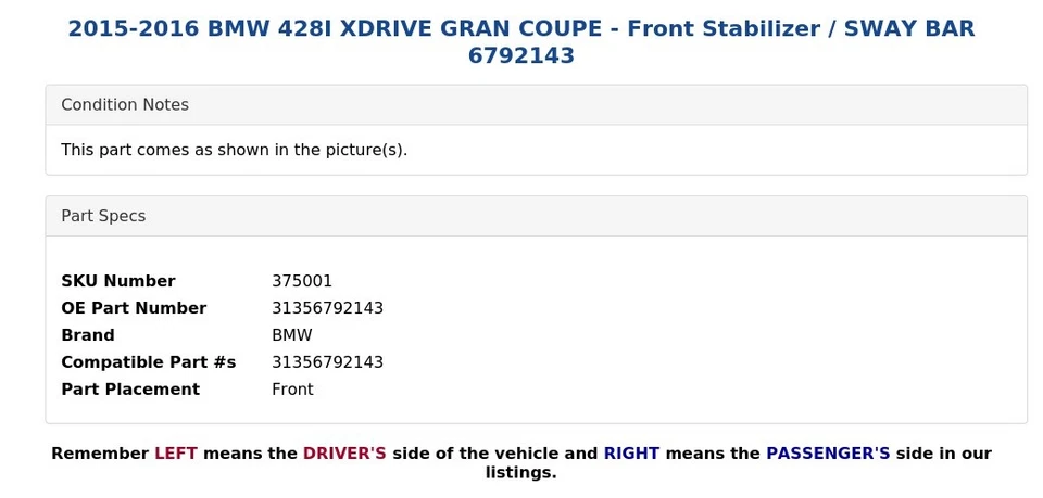 BMW 428I XDRIVE 2015-2016 gran cupé - estabilizador delantero / barra estabilizadora 6792143 Foto 4 de 4