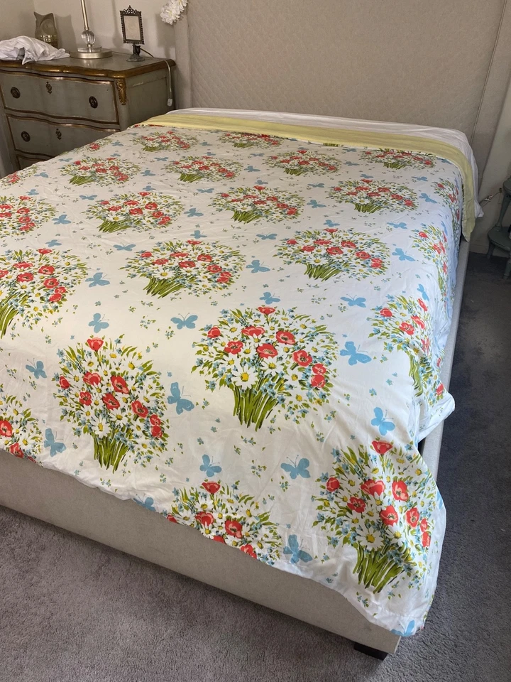 Винтажный Morgan Jones 70-х пододеяльник королева цветочный белый синий зеленый "Красные маки" коттедж - Изображение 2 из 4