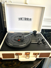 Victrola Portable Suitcase Record Player, Built-In Speakers, White/Gold 3-Speed