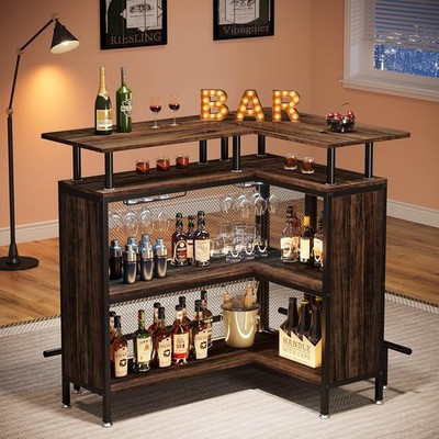 Rustic Home Bar Unit, L-Shaped Bar Table with Stemware Racks and 2-Tier Shelves