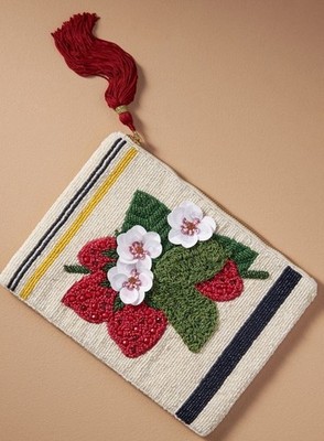 Anthropologie Large Fiona Beaded Strawberry Beaded Pouch Bag NWT Flowers Berry