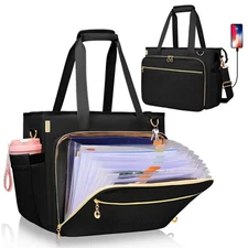 Teacher Tote Bag with Accordion File 15.6" Laptop Compartment USB Port Black