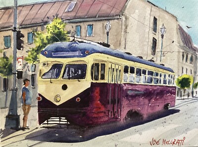 ORIGINAL Watercolor Painting ''Streetcar Line'' 9'' X 12''