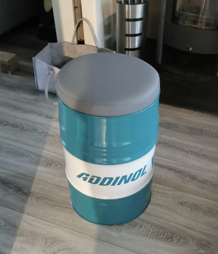 ADDINOL Ölfass Hocker +Box+Sitz Kissen grau